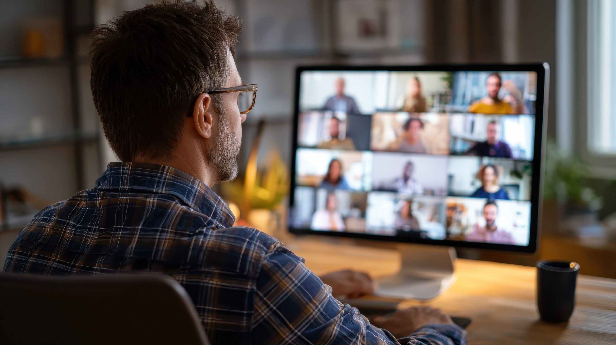 "Business man having virtual team meeting on video conference call using computer. Social distance employee working from home office talking to diverse colleagues in remote videoconference online chat"